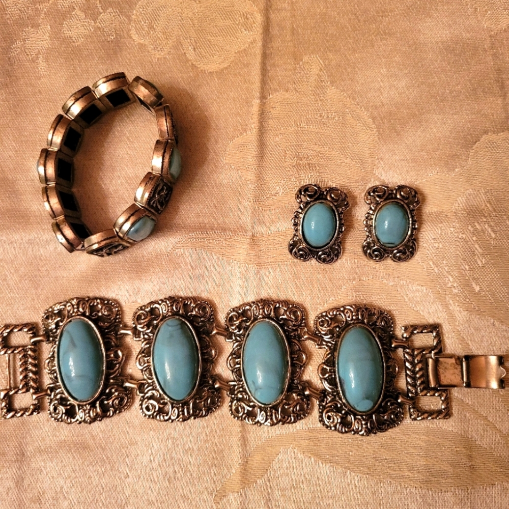 Vintage Costume faux turquoise bracelets and matching clip earrings